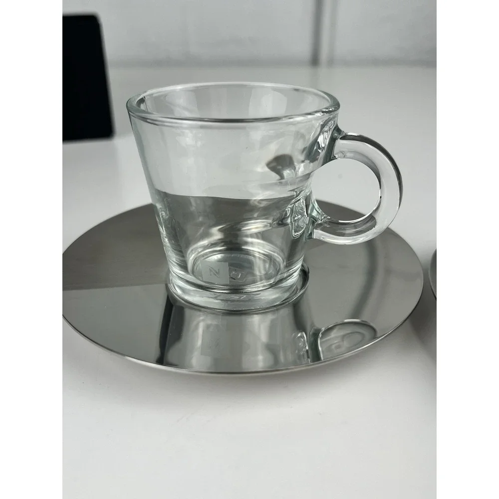 Nespresso VIEW Glass Espresso Cups Stainless Steel Saucers NEW Set of 2